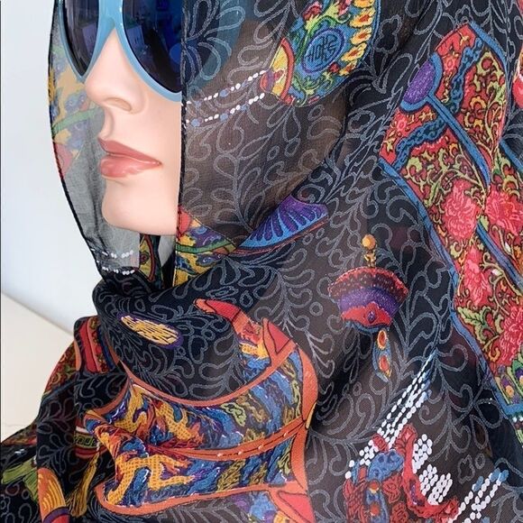 Vintage Chinese clothing design black rayon scarf - Picture 3 of 10